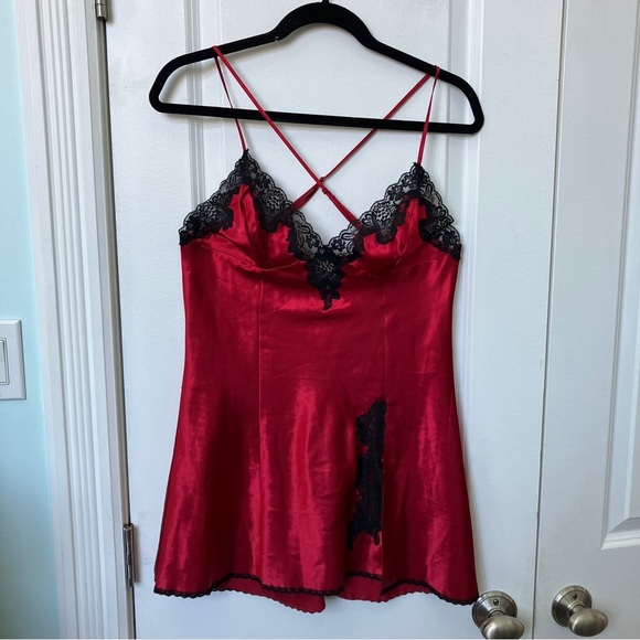 Frederick's of Hollywood Red Satin Black  Lace Slip Dress - Picture 2 of 8